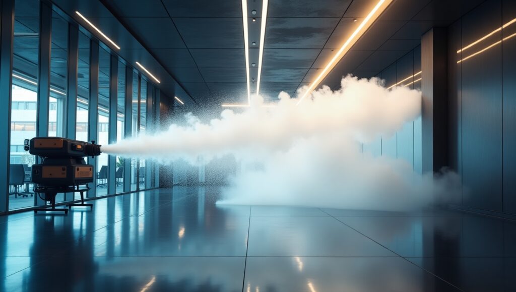 Water mist suppression system releasing a fine high-pressure spray inside a modern office building for advanced fire protection.