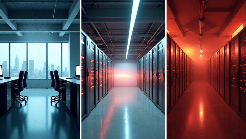Collage showing an office, data center, and server room illustrating environments protected by automatic fire suppression systems.