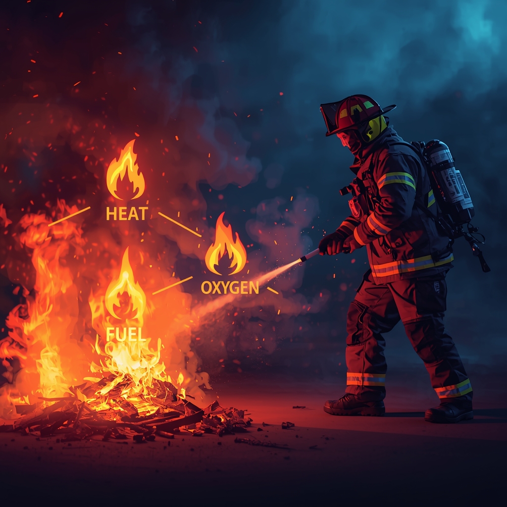 Firefighter extinguishing a fire while illustrating the fire triangle showing heat, fuel, and oxygen components.