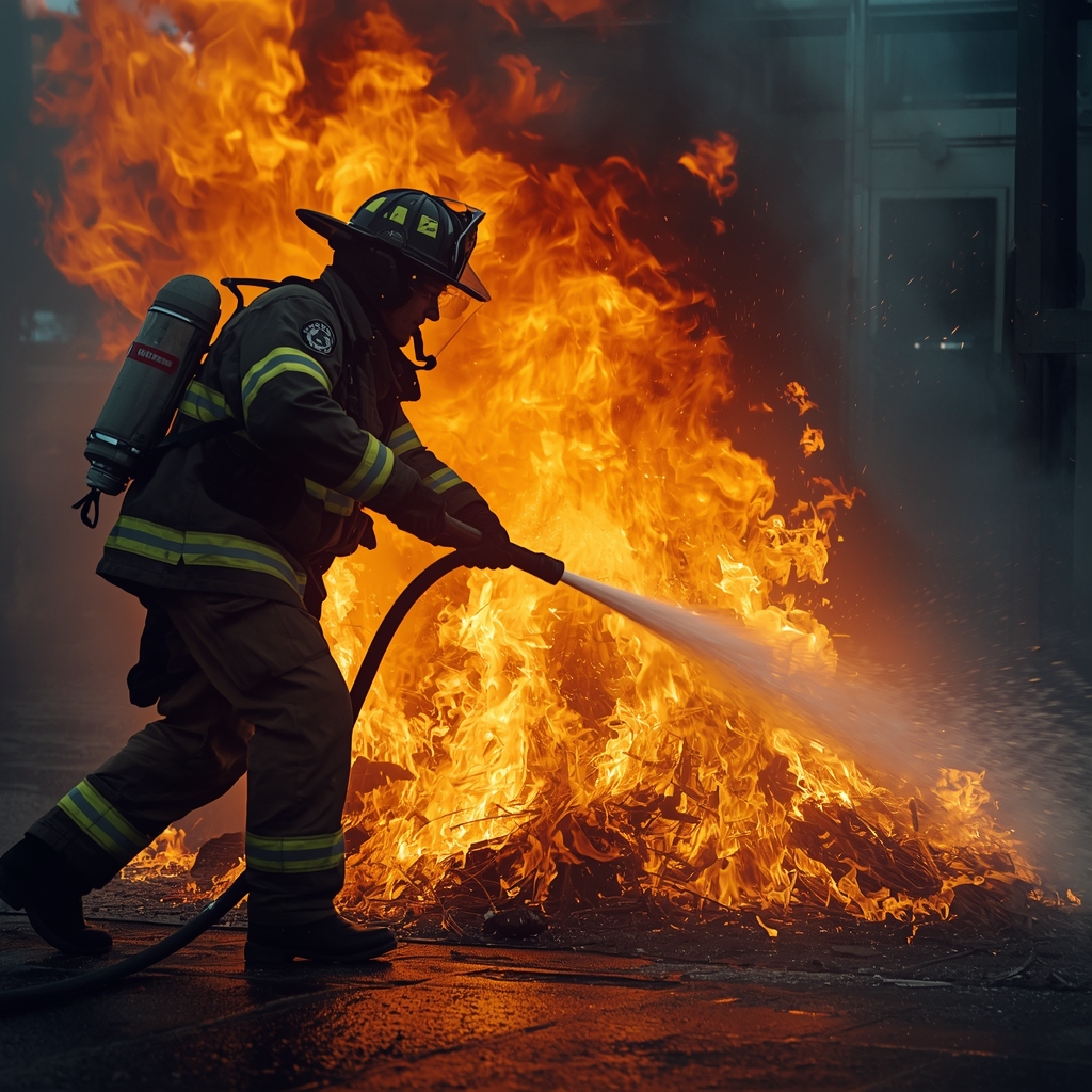 Professional firefighter extinguishing a large structural fire using proper fire suppression techniques and protective gear.