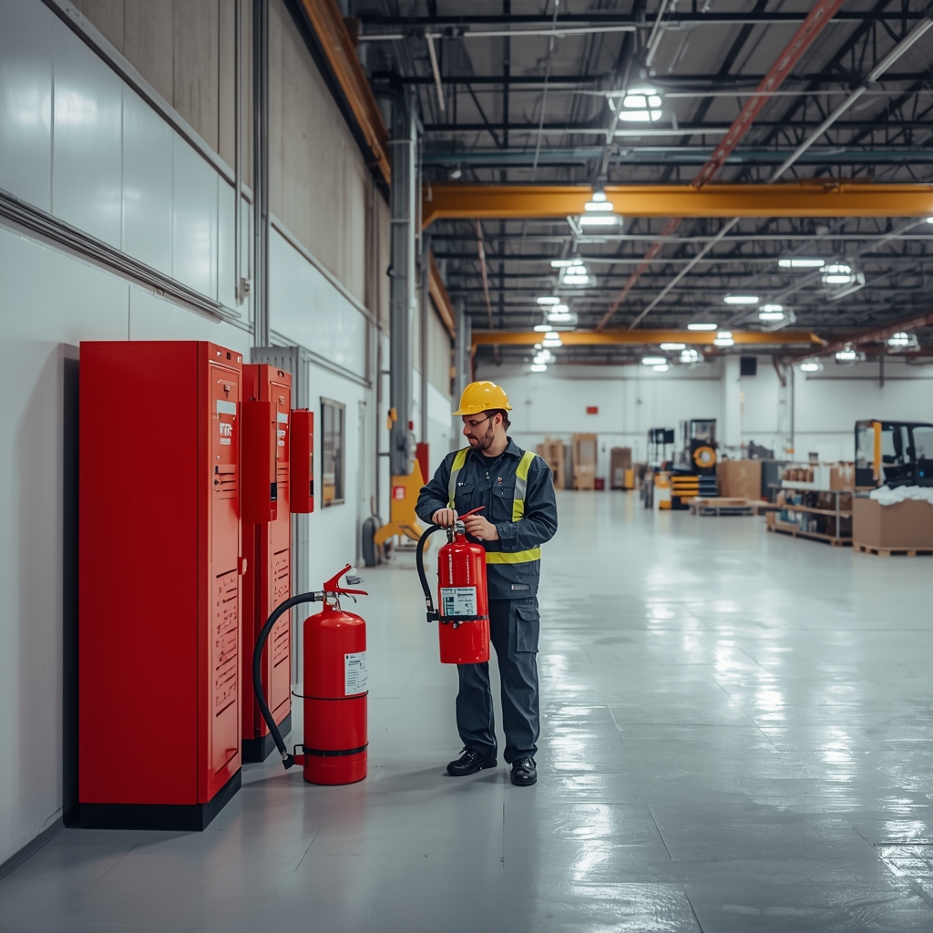 Industrial fire protection technician inspecting fire extinguisher in a warehouse facility in California