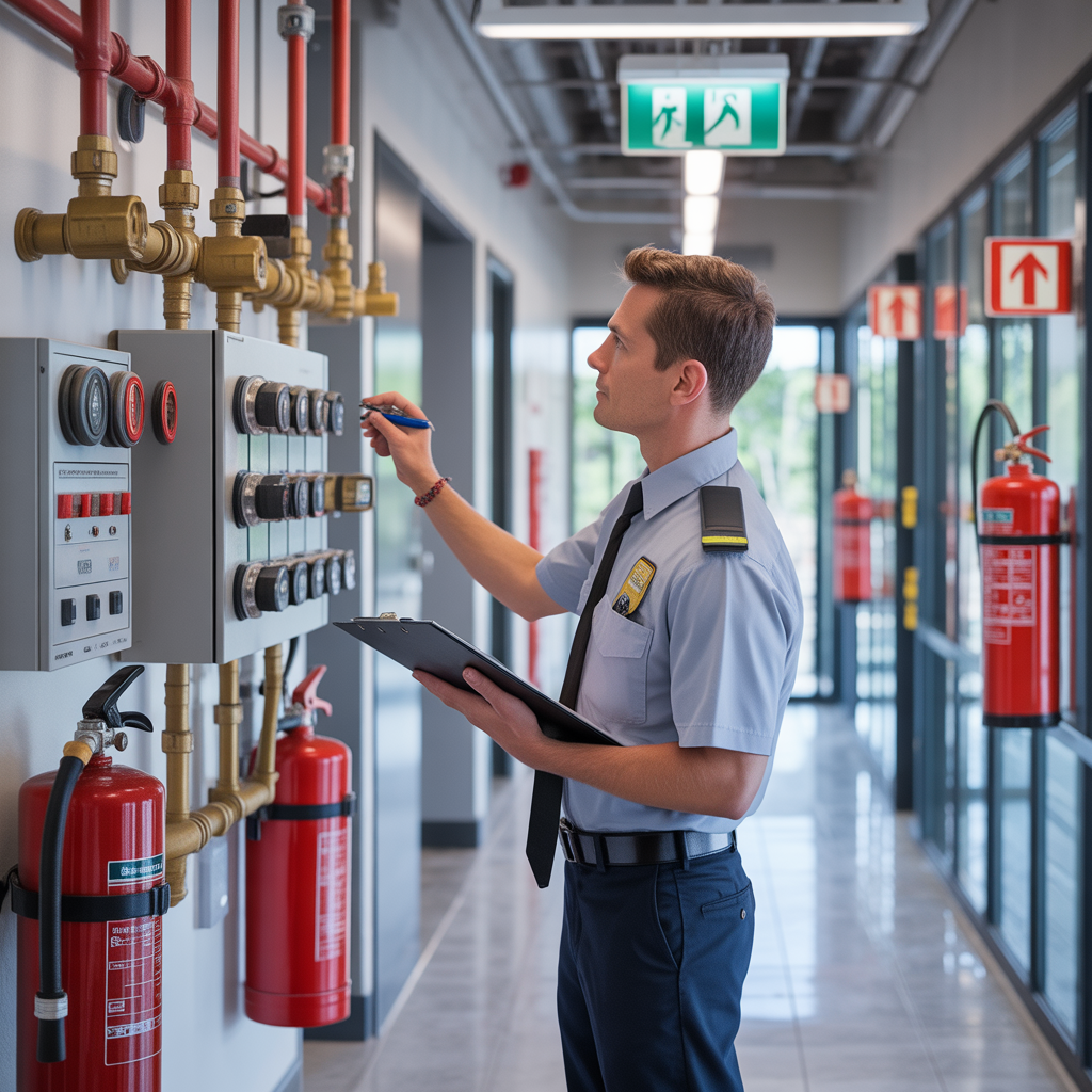 Commercial fire protection technician inspecting fire alarm control panel and sprinkler system gauges during a safety inspection in an Anaheim office building.