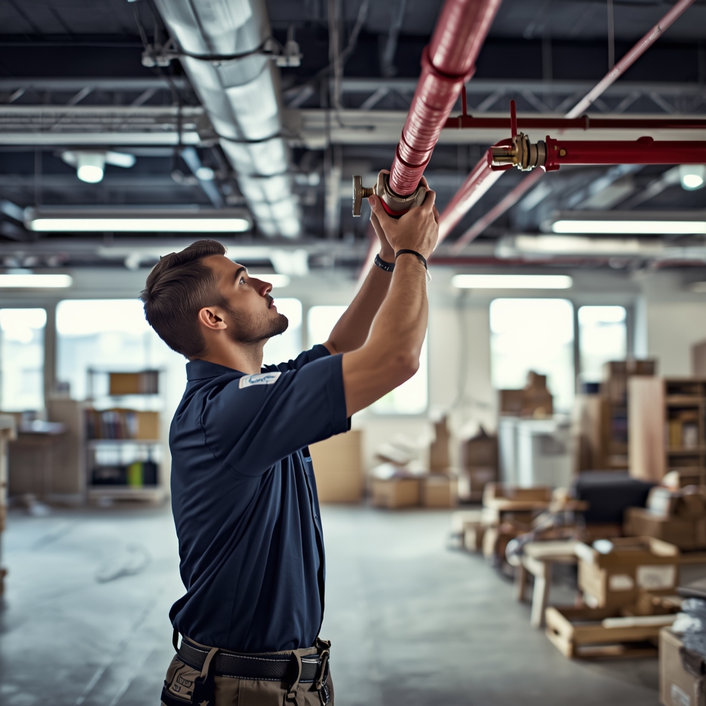 Technician inspecting and installing a commercial fire sprinkler system inside a warehouse for fire safety compliance.