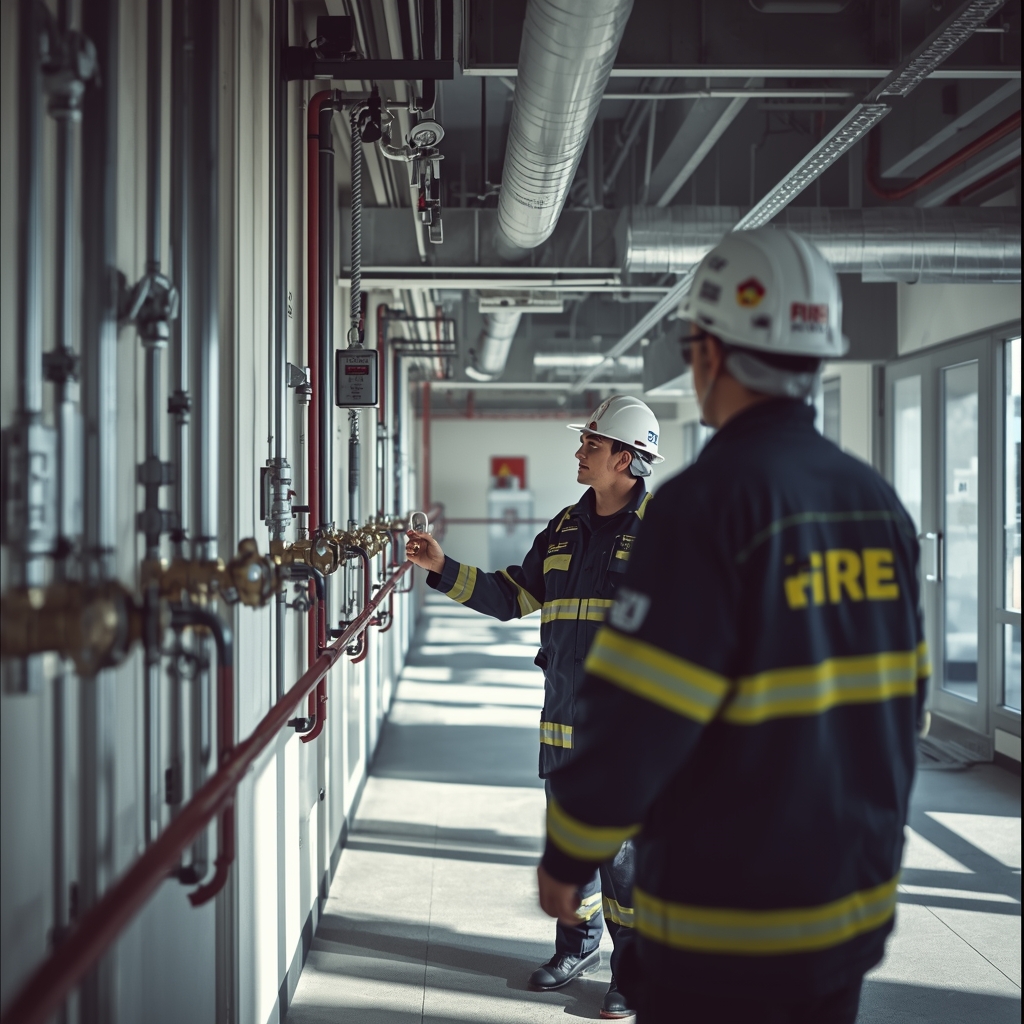 Professional fire protection technicians inspecting commercial fire sprinkler and suppression systems in a California building