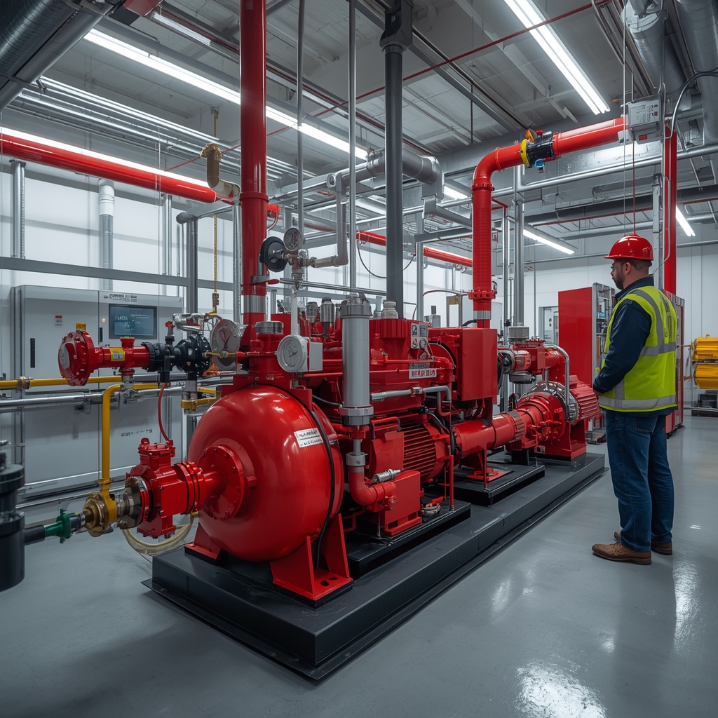 Technician inspecting a commercial fire pump installation system with red fire protection piping inside an industrial building pump room
