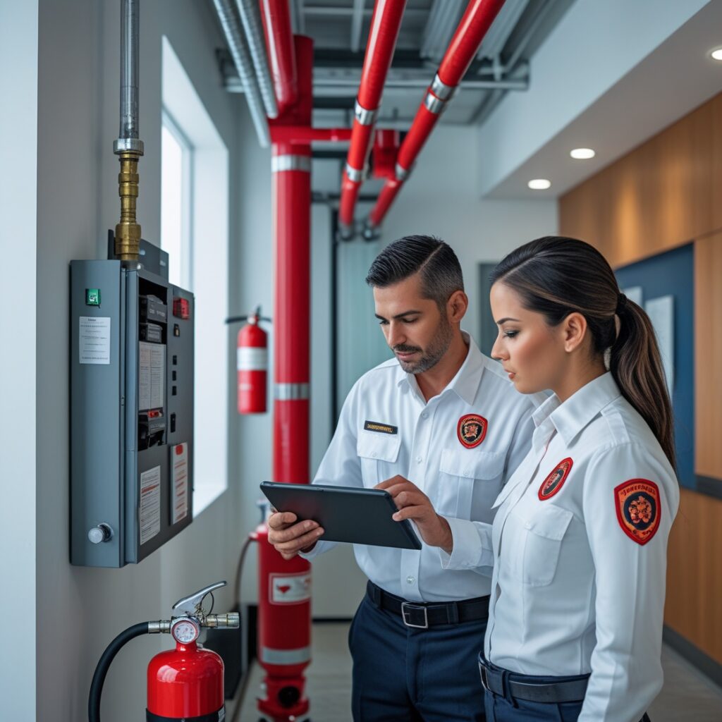 Certified fire protection professionals inspecting a commercial fire alarm control panel and fire protection system during a routine safety inspection in California.