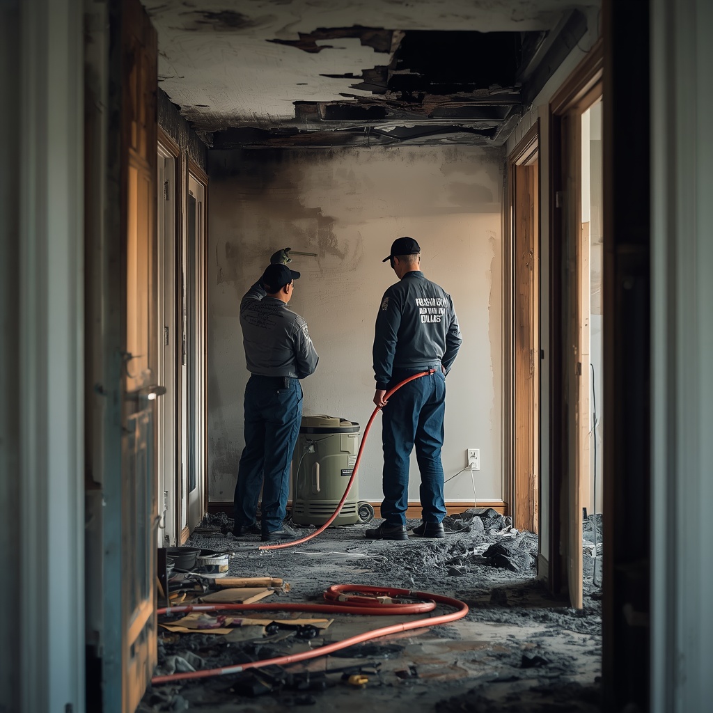 Fire protection professionals inspecting a damaged property during fire protection system installation