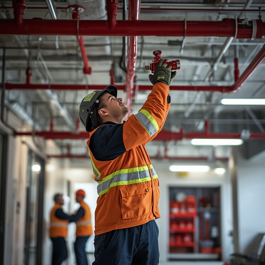 Fire sprinkler technician inspecting a commercial fire sprinkler system in California