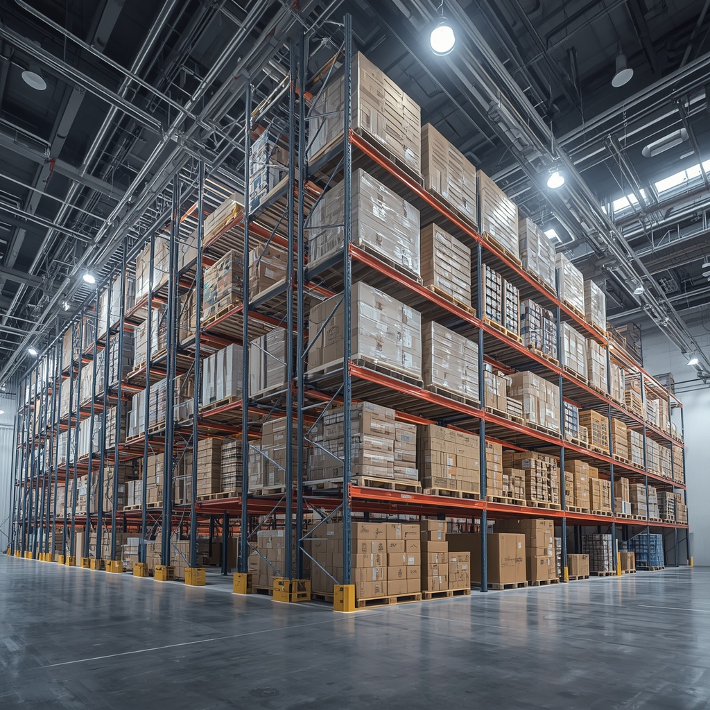 High-pile storage warehouse with tall pallet racks stacked with inventory, highlighting the need for in-rack fire sprinkler systems.